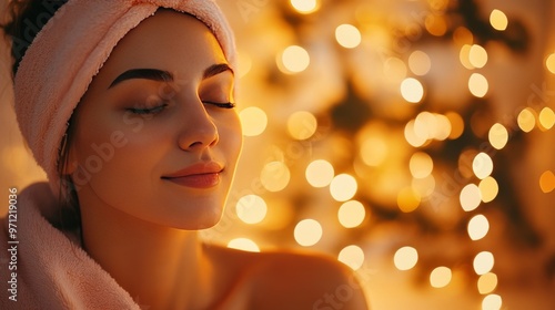 Image of woman in towel amid holiday lights captures essence of beauty, spa, and healthy living.