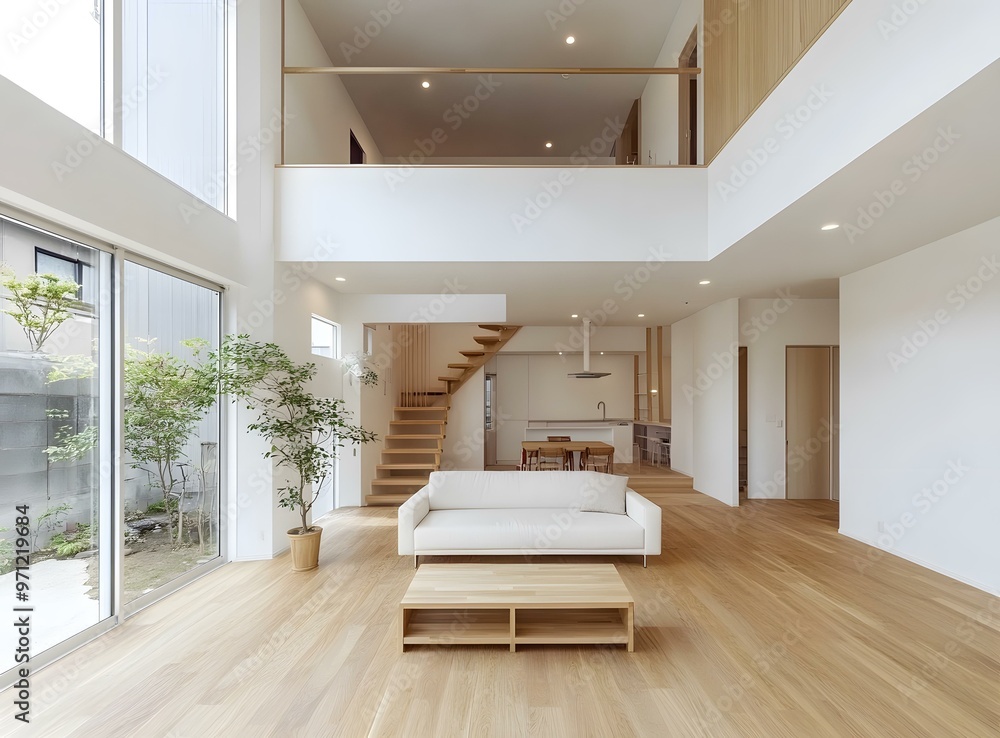 Fototapeta premium Modern Minimalist Living Room Interior Design With Wooden Flooring