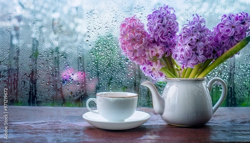 Obraz na płótnie flowering hyacinths and a cup of tea on the window in rainy weather. w salonie