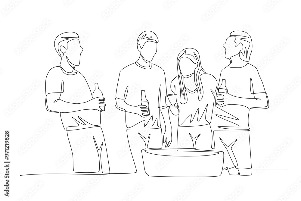 Friends having a barbeque. Barbequing with friends or family concept one-line drawing Friends having a barbeque. Barbequing with friends or family concept one-line drawing