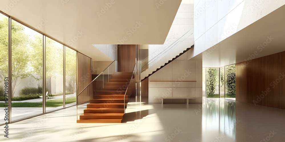 Fototapeta premium Modern Interior Design With Wooden Stairs and Glass Railing