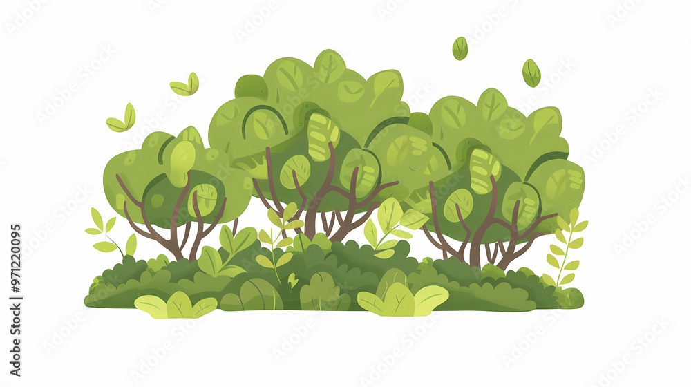 Cute green bush from the forest cartoon, isolated nature object for kids design. Branches and leaves of a fluffy bush isolated on a white background. Vector hand drawn illustration in paper cute style Cute green bush from the forest cartoon, isolated nature object for kids design. Branches and leaves of a fluffy bush isolated on a white background. Vector hand drawn illustration in paper cute style
