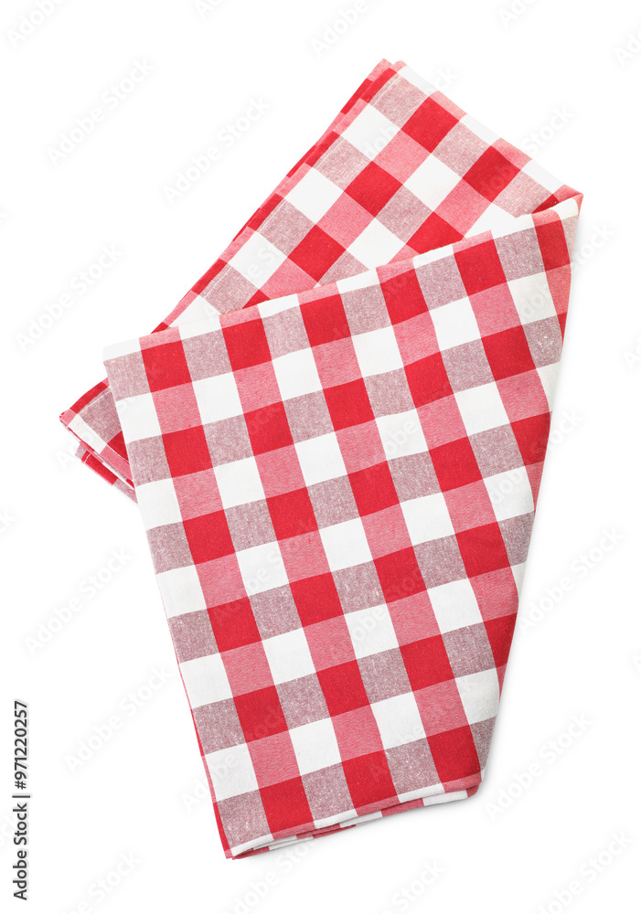 Folded tablecloth with checkered pattern isolated on white, top view Folded tablecloth with checkered pattern isolated on white, top view