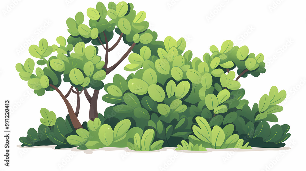Cute green bush from the forest cartoon, isolated nature object for kids design. Branches and leaves of a fluffy bush isolated on a white background. Vector hand drawn illustration in paper cute style Cute green bush from the forest cartoon, isolated nature object for kids design. Branches and leaves of a fluffy bush isolated on a white background. Vector hand drawn illustration in paper cute style