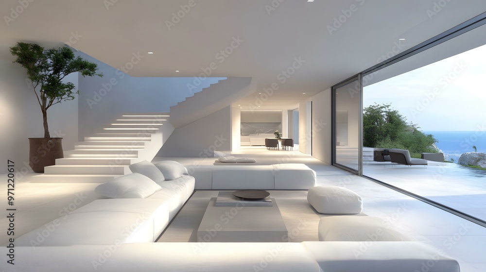Fototapeta premium Modern Minimalist Living Room Design With Sea View