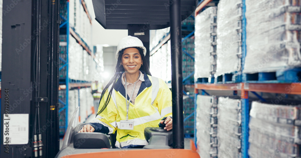 © David/peopleimages.com - Shipping, forklift and portrait of woman in warehouse for logistics, freight and distribution. Export, delivery and supply chain storage with person for customs compliance in inventory management