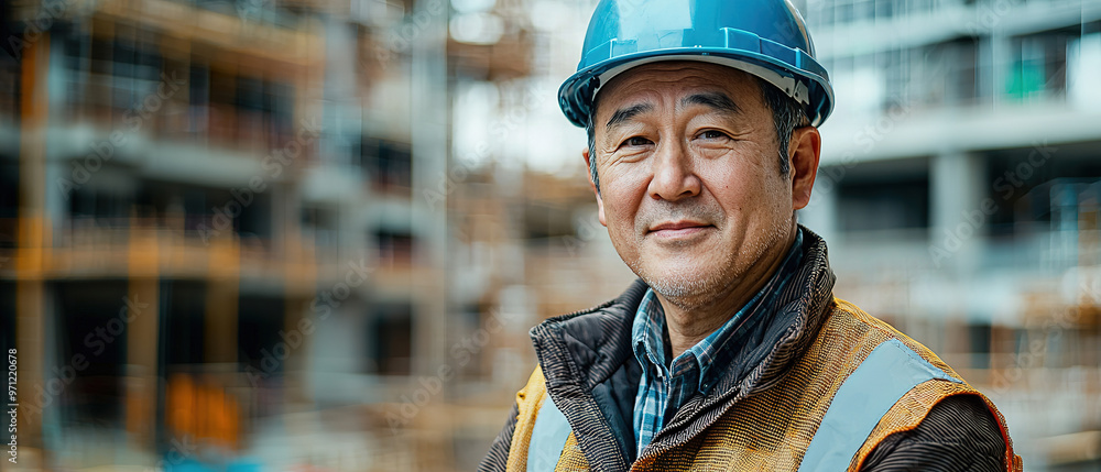 middle aged asian engineer with hard hat on a construction site middle aged asian engineer with hard hat on a construction site