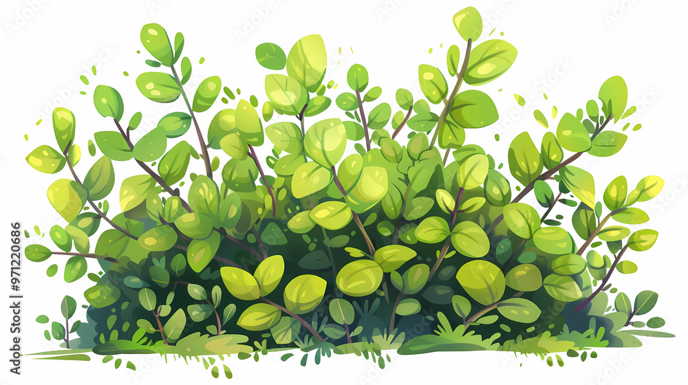 Cute green bush from the forest cartoon, isolated nature object for kids design. Branches and leaves of a fluffy bush isolated on a white background. Vector hand drawn illustration in paper cute style Cute green bush from the forest cartoon, isolated nature object for kids design. Branches and leaves of a fluffy bush isolated on a white background. Vector hand drawn illustration in paper cute style