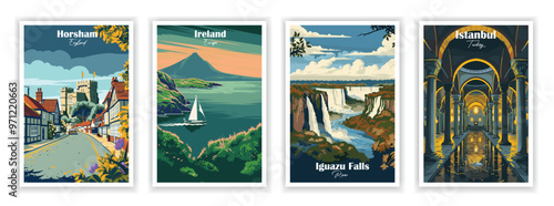 Set of 4 Vintag travel posters, Vintage travel illustrations, Vector colorful illustrations. Trendy printable wall art with beautiful landscapes. 