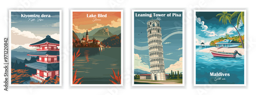 Set of 4 Vintag travel posters, Vintage travel illustrations, Vector colorful illustrations. Trendy printable wall art with beautiful landscapes. 