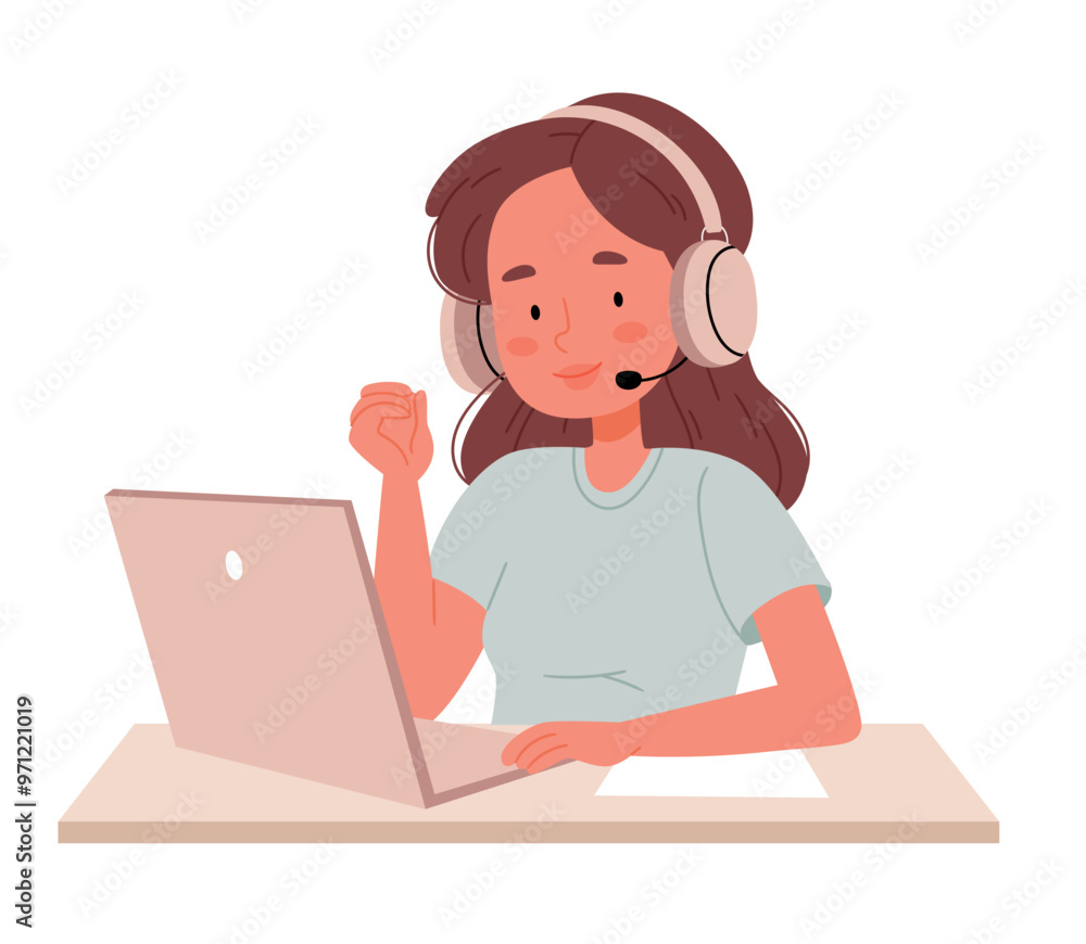A girl in headphones with a microphone works in a call center. Flat illustration for a web site..eps A girl in headphones with a microphone works in a call center. Flat illustration for a web site..eps