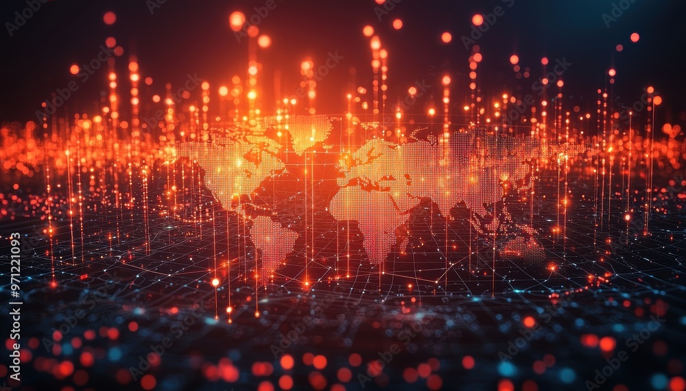 Fototapeta premium Global network and glowing connections on dark background. Digital communication technology. Abstract Business Wallpaper. Stock market banner