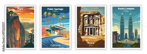 Set of 4 Vintag travel posters, Vintage travel illustrations, Vector colorful illustrations. Trendy printable wall art with beautiful landscapes. 