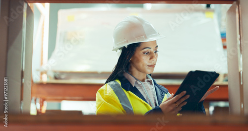 Принти на полотні Inventory, tablet and freight with woman in warehouse for logistics, supply chain or shipping