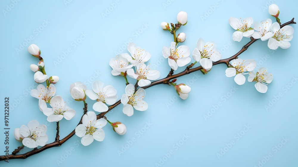 Blooming Branches of Spring Flowers Against a Soft Blue Background Blooming Branches of Spring Flowers Against a Soft Blue Background