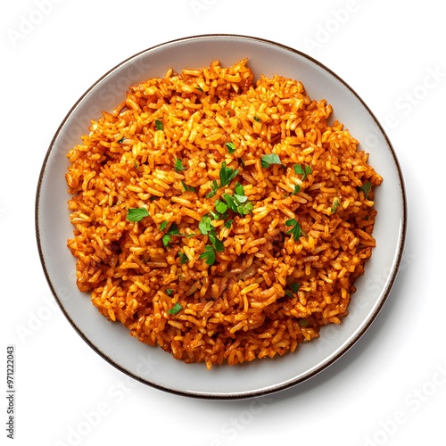 Delicious mexican rice garnished with fresh parsley on a ceramic plate photo