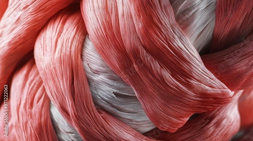 Close-up of intertwined strands featuring smooth textures and a blend of soft pink and white tones, creating a visually striking pattern.