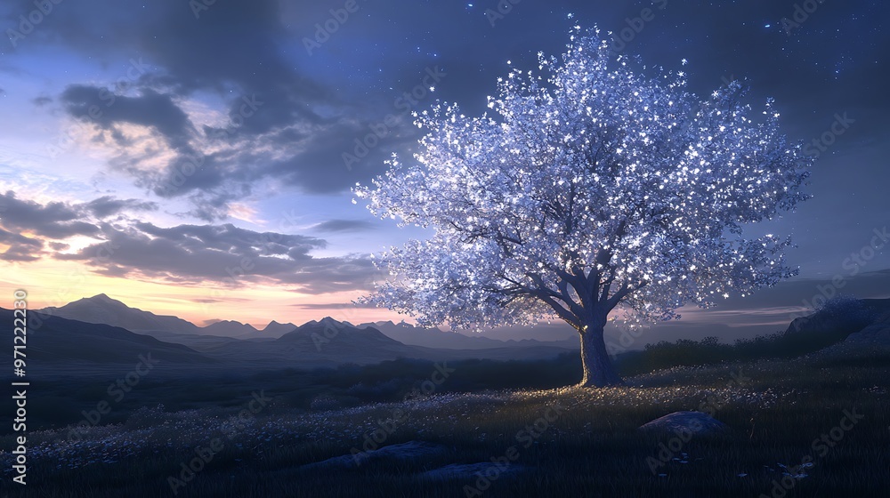 Mystical Star-shaped Tree with Silver Leaves Illuminated by Twilight Sky in Serene Meadow with Distant Mountains Mystical Star-shaped Tree with Silver Leaves Illuminated by Twilight Sky in Serene Meadow with Distant Mountains
