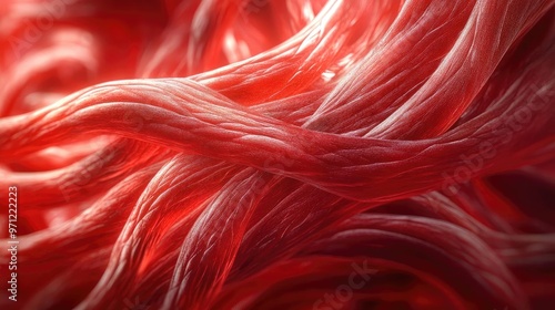 Close-up of intricate red fibers showcasing texture and depth, perfect for concepts related to biology and anatomy.