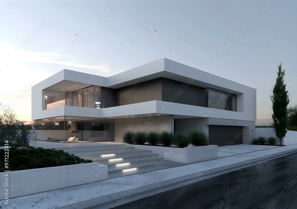 Fototapeta premium Modern Minimalist Home Exterior Design With White Walls and Glass Windows