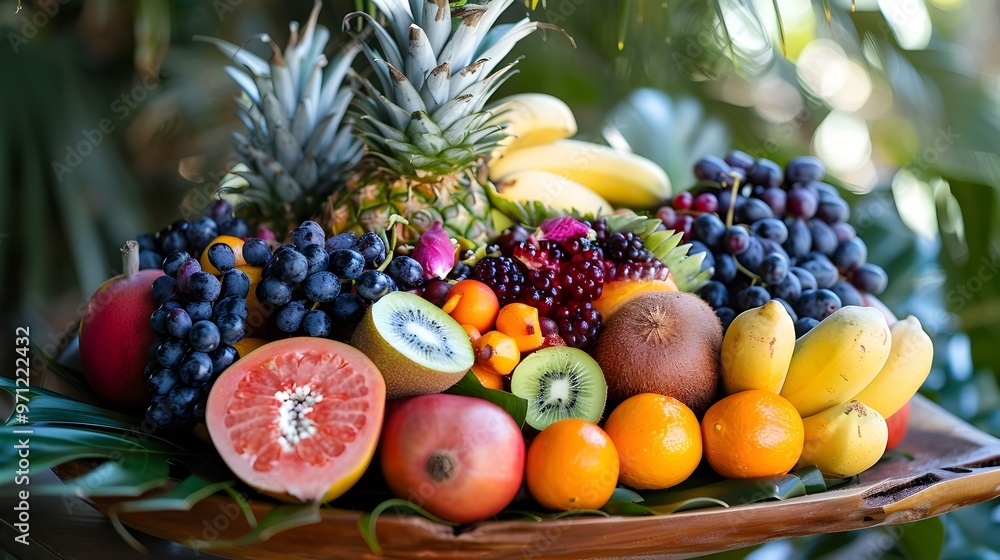 Beautifully Arranged Organic Fruit Platter with Variety of Exotic and Local Produce Beautifully Arranged Organic Fruit Platter with Variety of Exotic and Local Produce