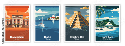 Set of 4 Vintag travel posters, Vintage travel illustrations, Vector colorful illustrations. Trendy printable wall art with beautiful landscapes. 