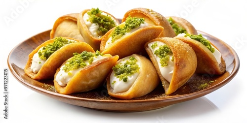 A traditional Ramadan dessert, Qatayef pastry is filled with sweet cream cheese and deep-fried to a golden crisp, isolated on a white background. photo