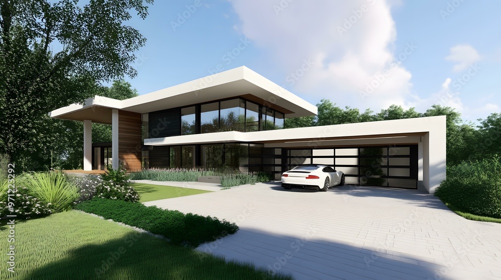 Modern House Design with Garage and Lush Greenery Modern House Design with Garage and Lush Greenery