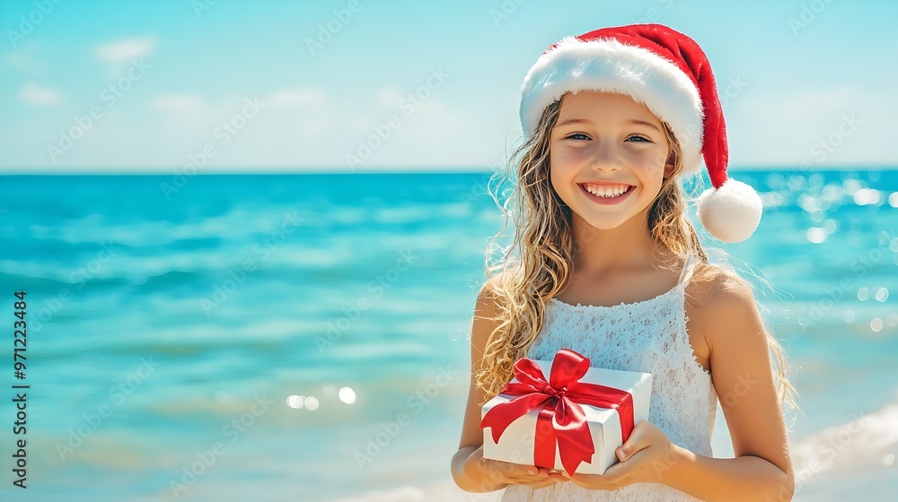 Obraz premium Joyful Woman in Santa Hat Holding Gift on Tropical Beach