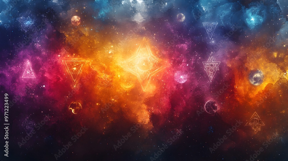 Fototapeta premium Mystical Watercolor Symbols in Ethereal Cosmic Landscape