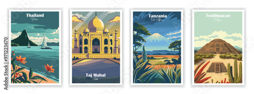 Set of 4 Vintag travel posters, Vintage travel illustrations, Vector colorful illustrations. Trendy printable wall art with beautiful landscapes. 