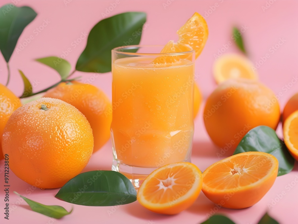 Freshly Squeezed Orange Juice in Glass with Whole Oranges and Leaves Around Freshly Squeezed Orange Juice in Glass with Whole Oranges and Leaves Around
