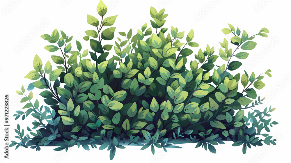 Cute green bush from the forest cartoon, isolated nature object for kids design. Branches and leaves of a fluffy bush isolated on a white background. Vector hand drawn illustration in paper cute style Cute green bush from the forest cartoon, isolated nature object for kids design. Branches and leaves of a fluffy bush isolated on a white background. Vector hand drawn illustration in paper cute style