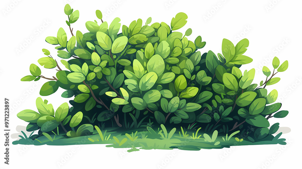 Cute green bush from the forest cartoon, isolated nature object for kids design. Branches and leaves of a fluffy bush isolated on a white background. Vector hand drawn illustration in paper cute style Cute green bush from the forest cartoon, isolated nature object for kids design. Branches and leaves of a fluffy bush isolated on a white background. Vector hand drawn illustration in paper cute style