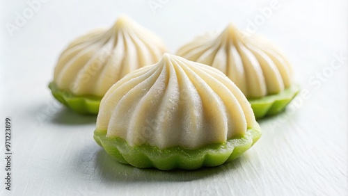 A single Kuih Tepung Bungkus, perfectly centered on a clean white surface, showcasing the intricate layers and soft ridges of the dumpling, bathed in gentle, diffused light. photo