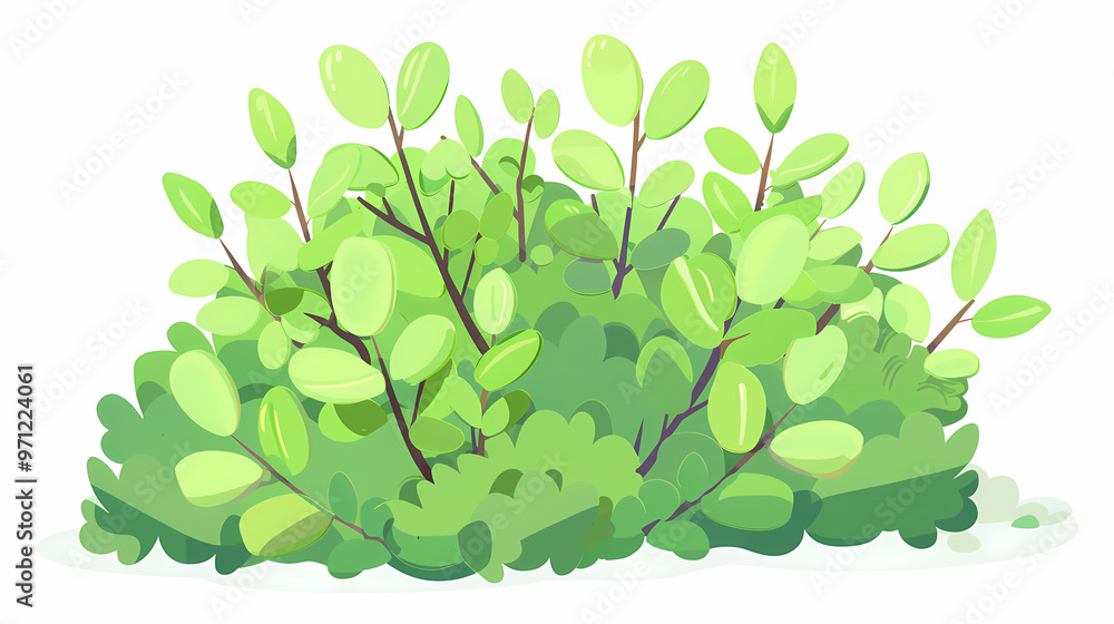 Cute green bush from the forest cartoon, isolated nature object for kids design. Branches and leaves of a fluffy bush isolated on a white background. Vector hand drawn illustration in paper cute style Cute green bush from the forest cartoon, isolated nature object for kids design. Branches and leaves of a fluffy bush isolated on a white background. Vector hand drawn illustration in paper cute style