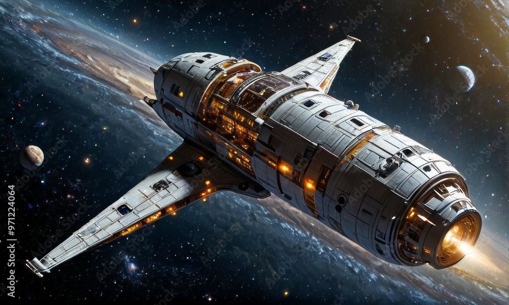 Futuristic Spacecraft Orbiting Earth in Galaxy Futuristic Spacecraft Orbiting Earth in Galaxy