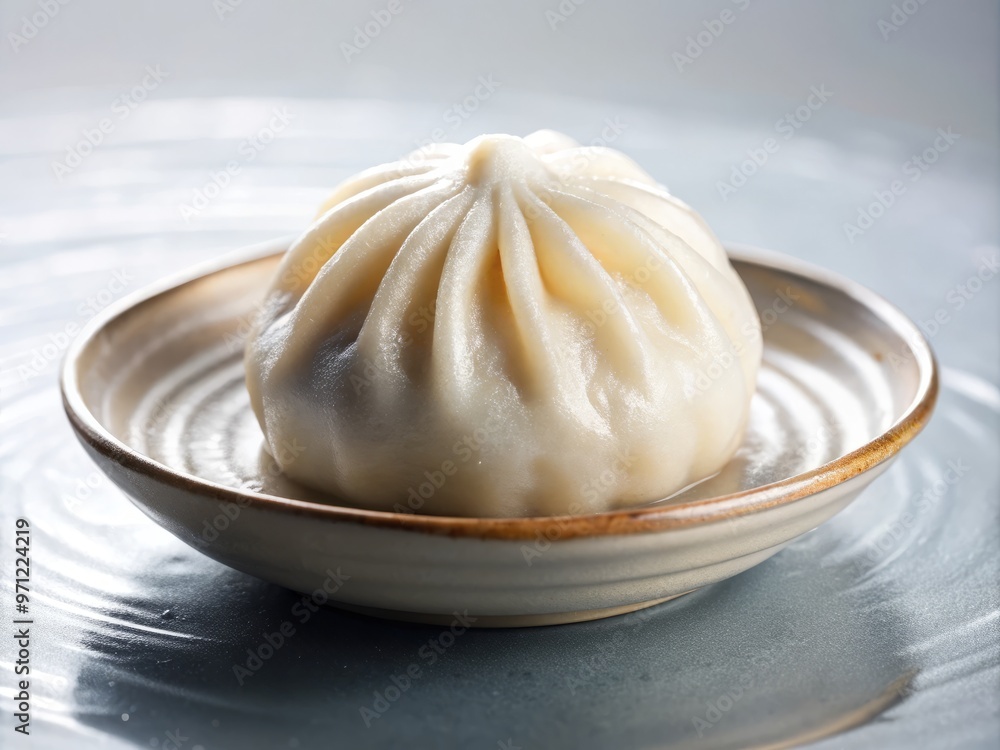 In a pool of pure white, a delicate, precision-wrapped dumpling floats serenely, its powdery rice flour exterior glistening with subtle moisture In a pool of pure white, a delicate, precision-wrapped dumpling floats serenely, its powdery rice flour exterior glistening with subtle moisture