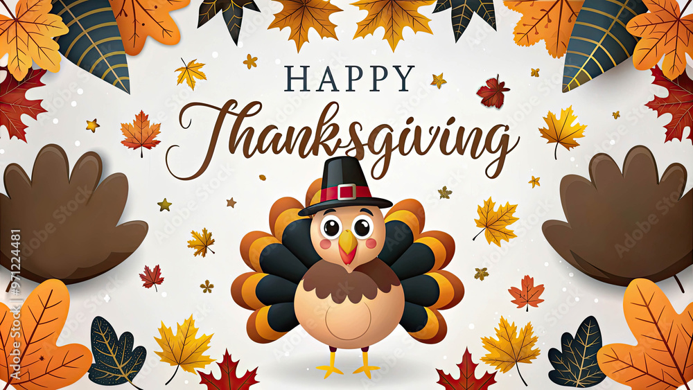 Obraz premium Happy Thanksgiving Day banner festive turkey autumn elements, for celebrating the warmth, gratitude, and joy of the holiday season