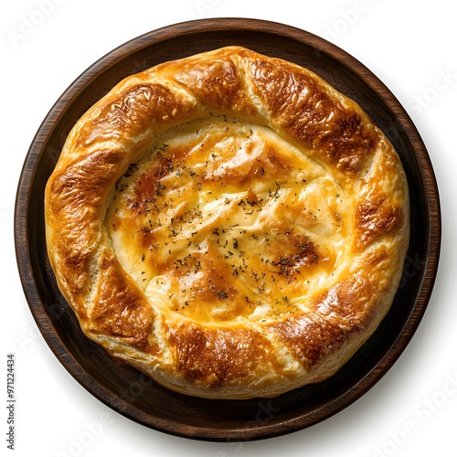 Flaky round cheese pie: savory pastry delight with golden crust photo