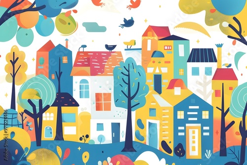 Colorful Illustration of a Small Town with Trees and Birds