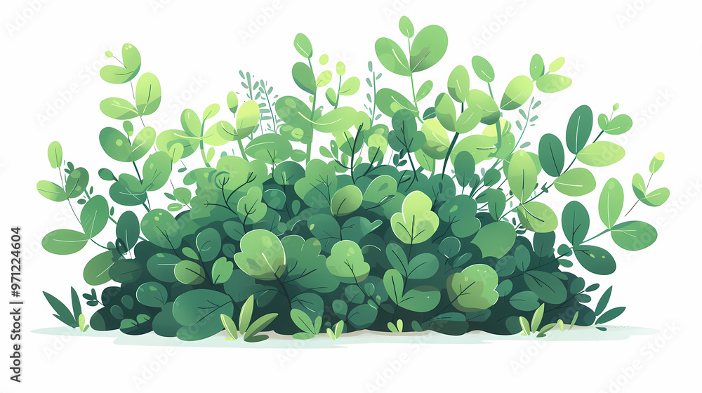 Cute green bush from the forest cartoon, isolated nature object for kids design. Branches and leaves of a fluffy bush isolated on a white background. Vector hand drawn illustration in paper cute style Cute green bush from the forest cartoon, isolated nature object for kids design. Branches and leaves of a fluffy bush isolated on a white background. Vector hand drawn illustration in paper cute style
