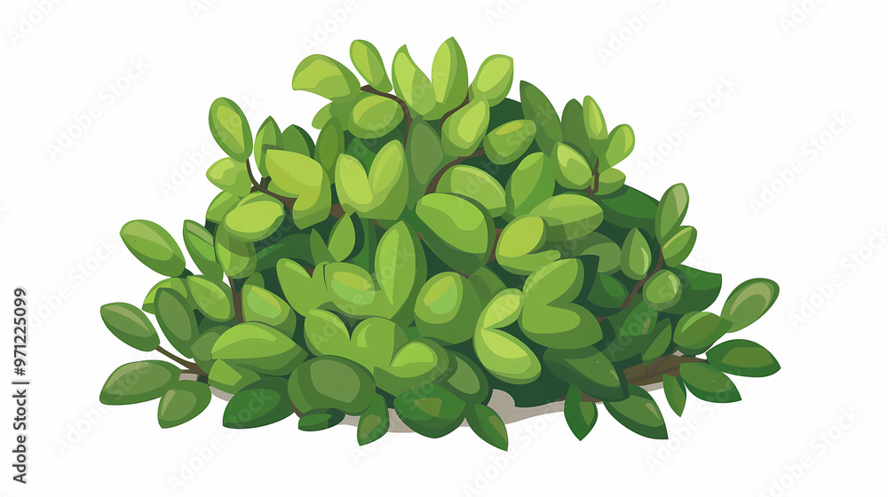 Cute green bush from the forest cartoon, isolated nature object for kids design. Branches and leaves of a fluffy bush isolated on a white background. Vector hand drawn illustration in paper cute style Cute green bush from the forest cartoon, isolated nature object for kids design. Branches and leaves of a fluffy bush isolated on a white background. Vector hand drawn illustration in paper cute style