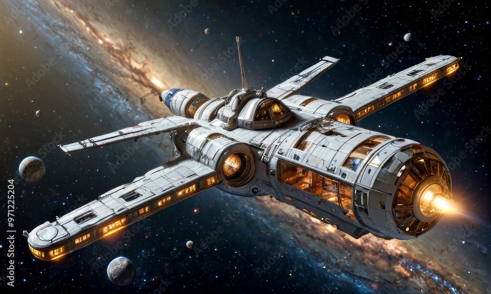 Obraz premium Futuristic Spacecraft Orbiting Earth in Galaxy