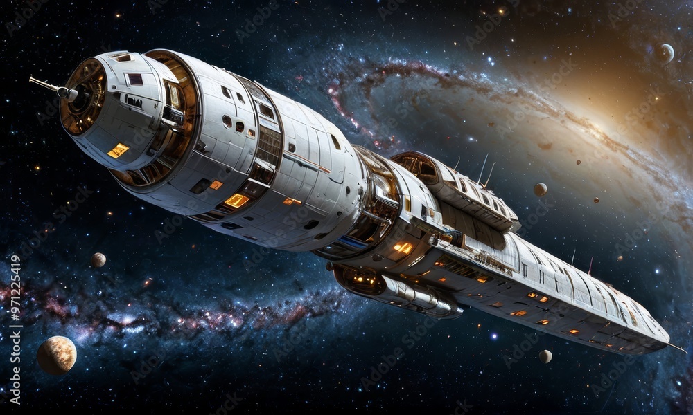 Futuristic Spacecraft Orbiting Earth in Galaxy Futuristic Spacecraft Orbiting Earth in Galaxy