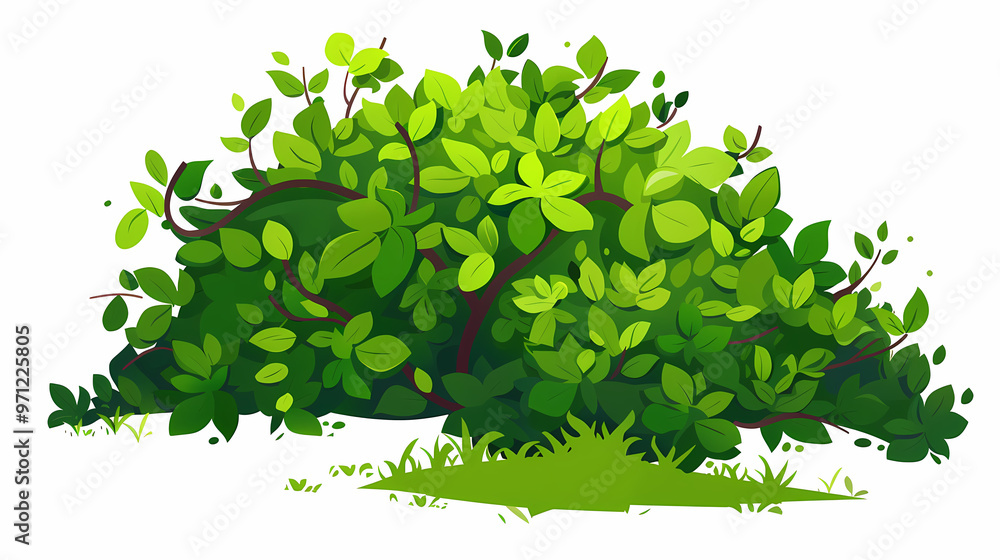 Cute green bush from the forest cartoon, isolated nature object for kids design. Branches and leaves of a fluffy bush isolated on a white background. Vector hand drawn illustration in paper cute style Cute green bush from the forest cartoon, isolated nature object for kids design. Branches and leaves of a fluffy bush isolated on a white background. Vector hand drawn illustration in paper cute style