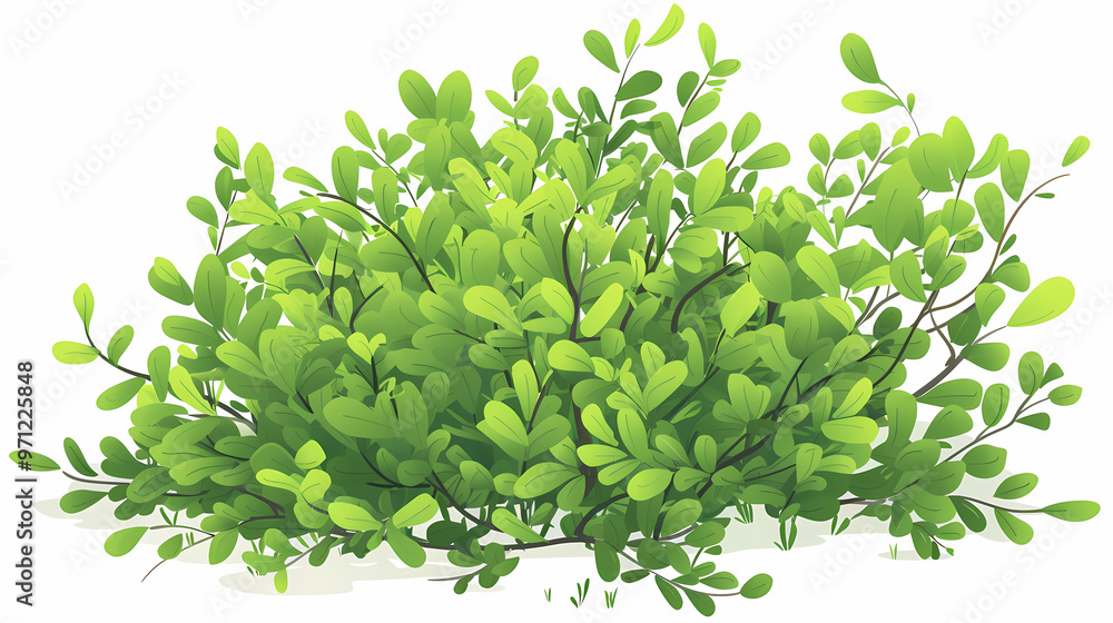 Cute green bush from the forest cartoon, isolated nature object for kids design. Branches and leaves of a fluffy bush isolated on a white background. Vector hand drawn illustration in paper cute style Cute green bush from the forest cartoon, isolated nature object for kids design. Branches and leaves of a fluffy bush isolated on a white background. Vector hand drawn illustration in paper cute style