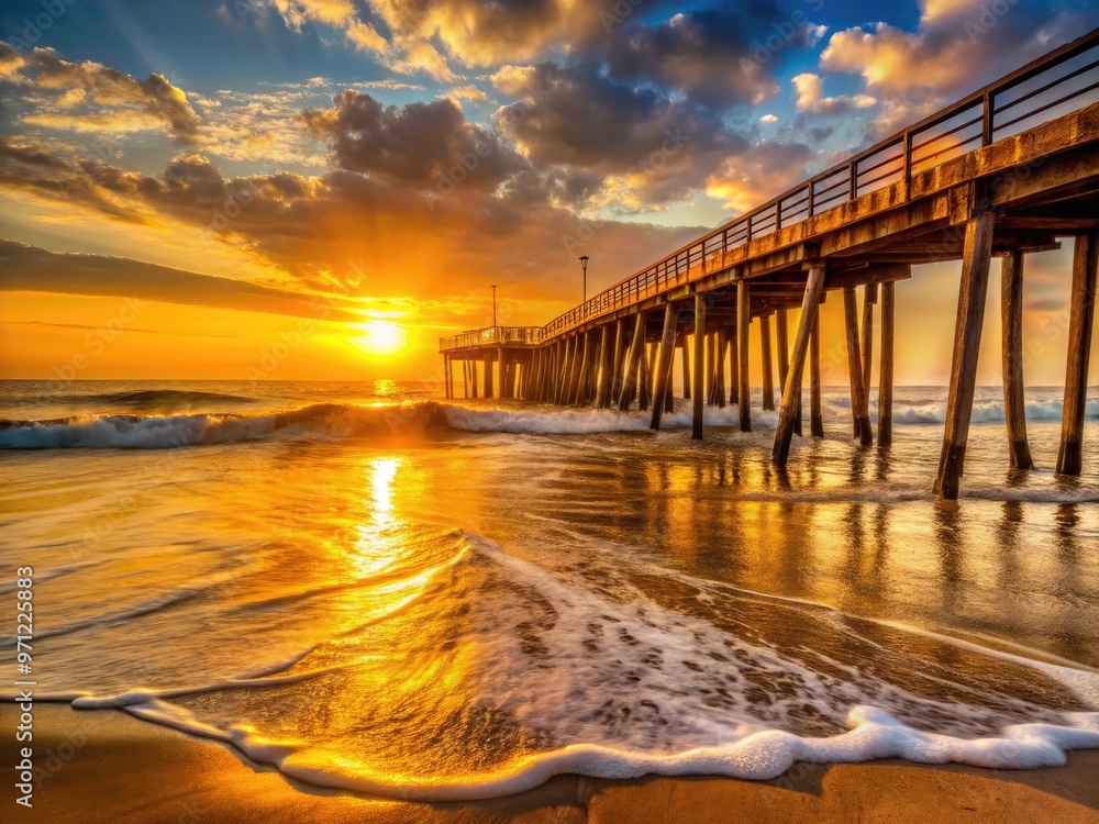 Warm sunrise casts a golden glow on the iconic fishing pier, waves gently lapping at its weathered wooden pilings, against a serene coastal Virginia Beach backdrop. Warm sunrise casts a golden glow on the iconic fishing pier, waves gently lapping at its weathered wooden pilings, against a serene coastal Virginia Beach backdrop.