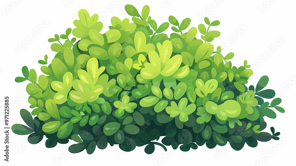 Cute green bush from the forest cartoon, isolated nature object for kids design. Branches and leaves of a fluffy bush isolated on a white background. Vector hand drawn illustration in paper cute style Cute green bush from the forest cartoon, isolated nature object for kids design. Branches and leaves of a fluffy bush isolated on a white background. Vector hand drawn illustration in paper cute style