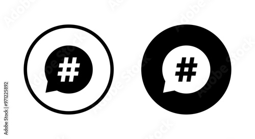 Hashtag speech bubble icon on black circle. Social media element